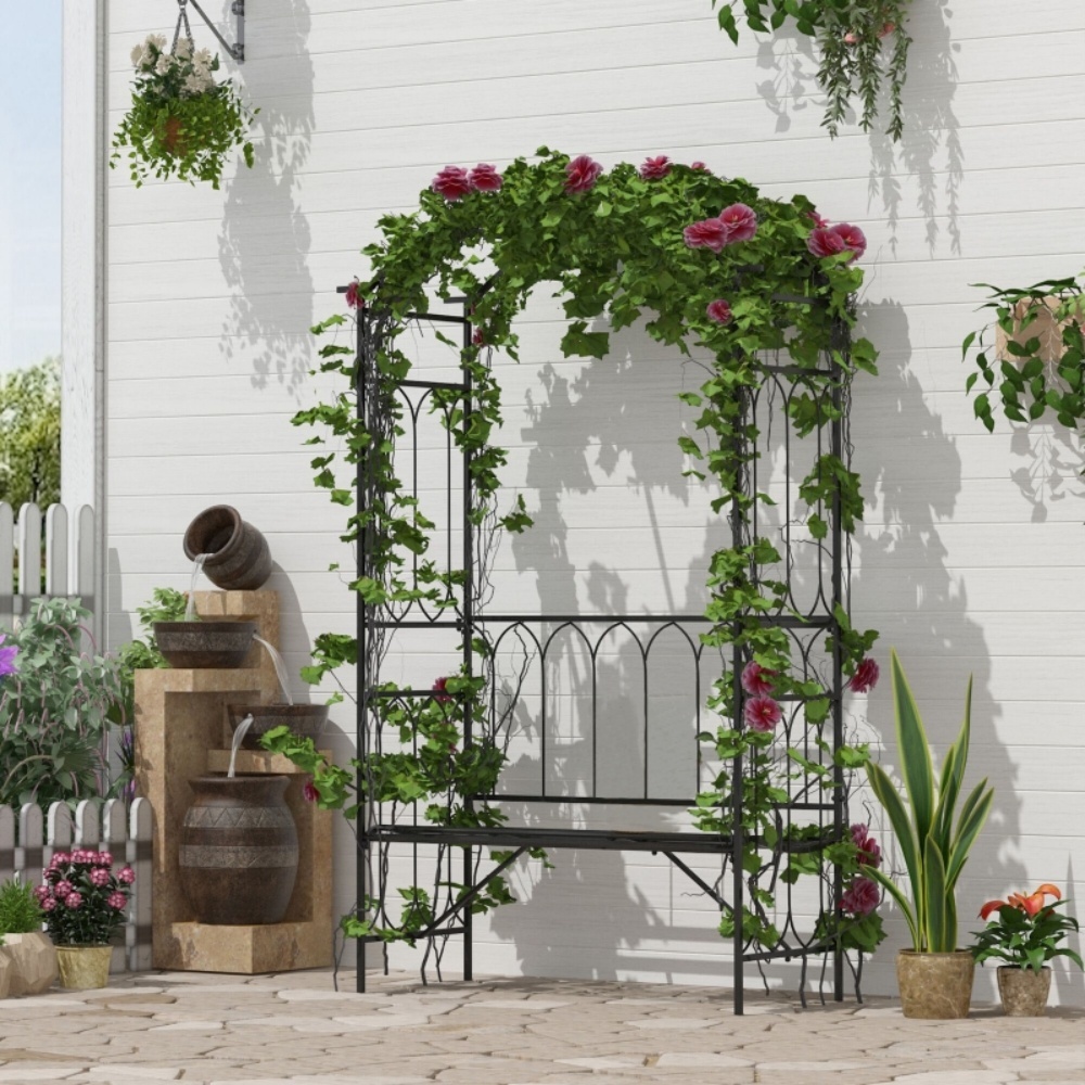 Black Metal Garden Arch with Bench – for Vine Covered Walkway, Trellis for Grapes & Decorative Seating - Image 3