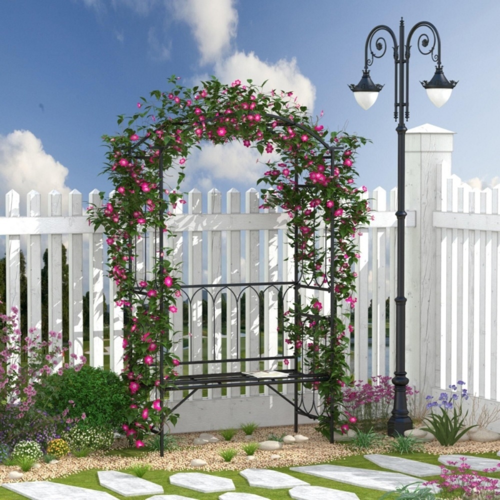 Black Metal Garden Arch with Bench – for Vine Covered Walkway, Trellis for Grapes & Decorative Seating - Image 7