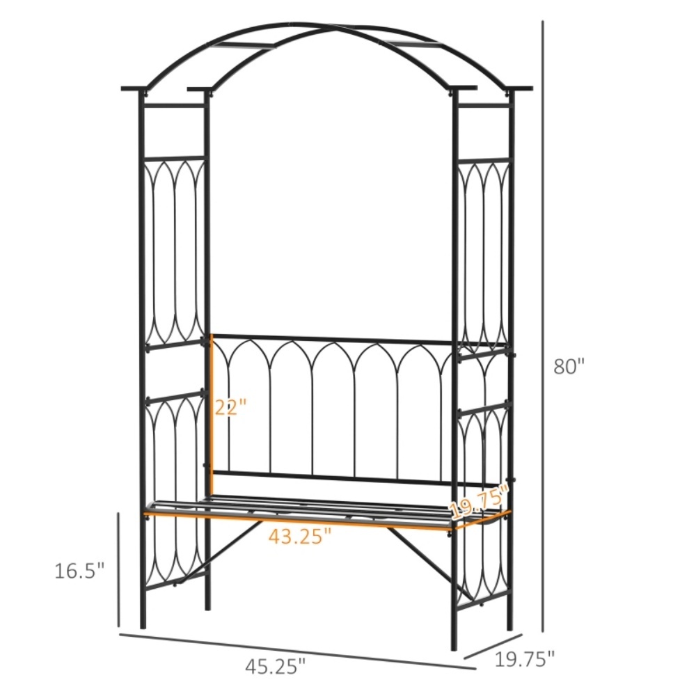 Black Metal Garden Arch with Bench – for Vine Covered Walkway, Trellis for Grapes & Decorative Seating - Image 4