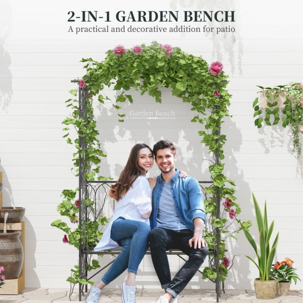 Black Metal Garden Arch with Bench – for Vine Covered Walkway, Trellis for Grapes & Decorative Seating - Image 6